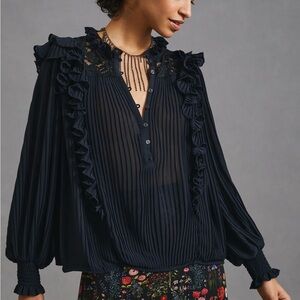 NWT- Anthropologie Black Ruffle Lace Blouse
